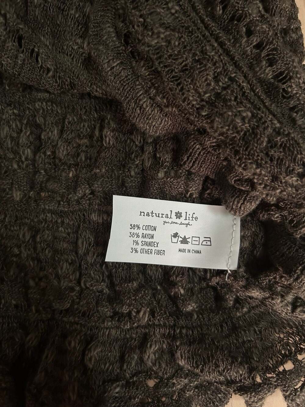 Natural Life Brown Crochet Knit Cardigan with Ruffled Hem and Flower Buttons - Picture 5 of 5